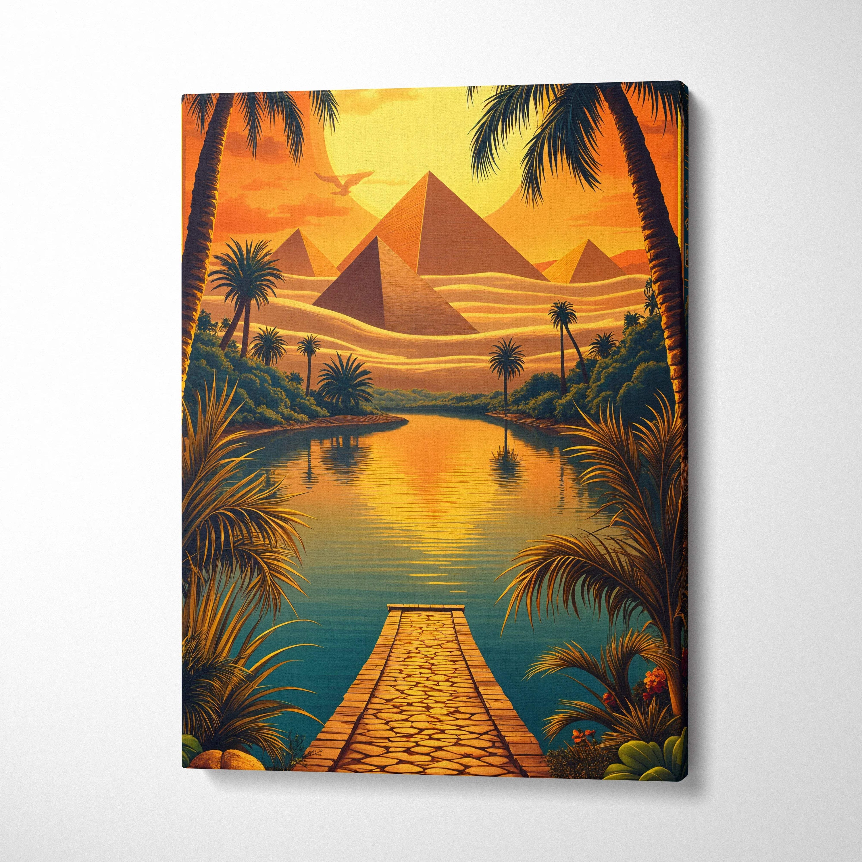 Vibrant canvas wall art of surreal desert oasis with golden pyramids and palm trees at sunset