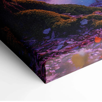 Vibrant surreal canvas print of mossy forest with pink blue particles and dreamy mist