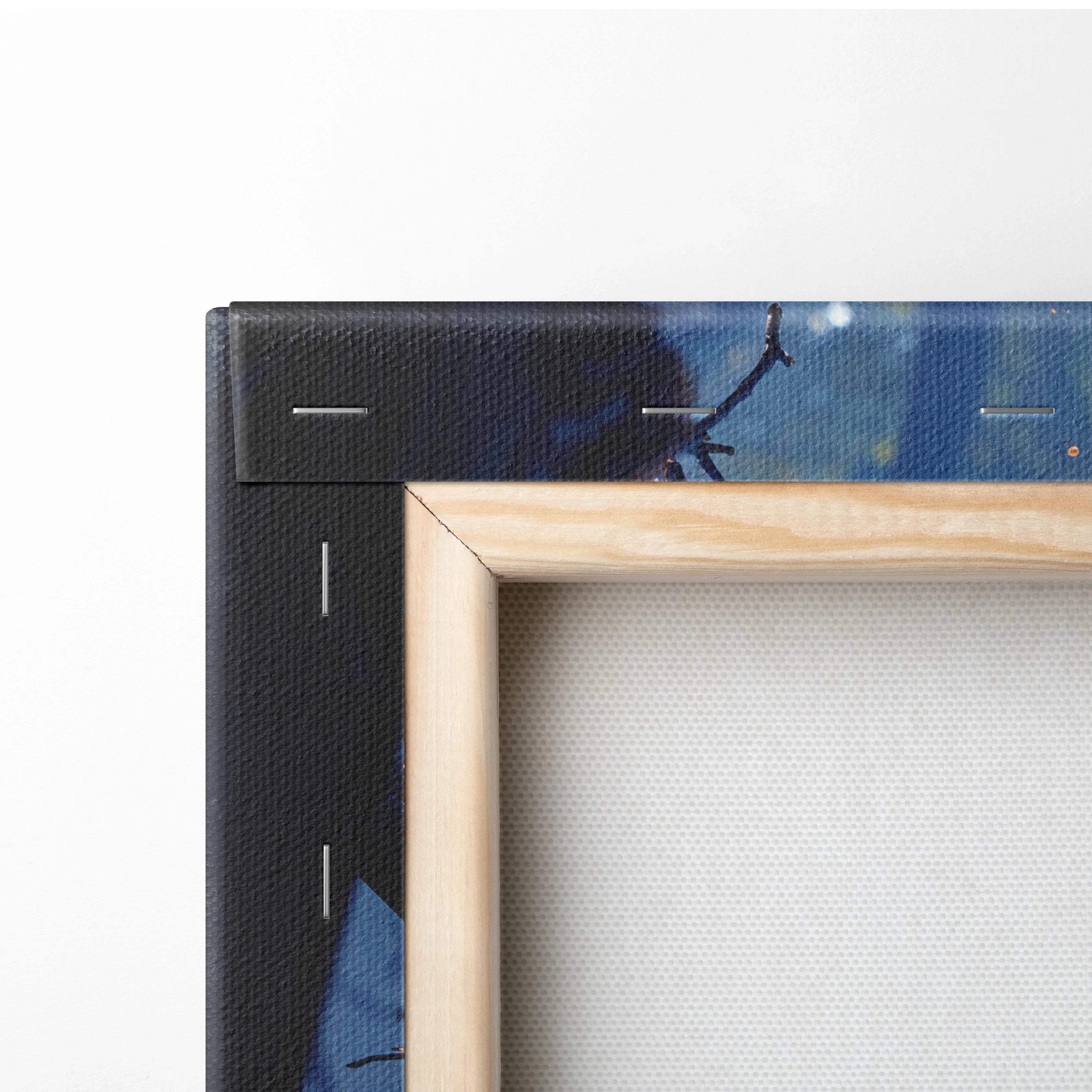 Light wood frame with surreal forest canvas art in dark blue black plumes pink blue mist