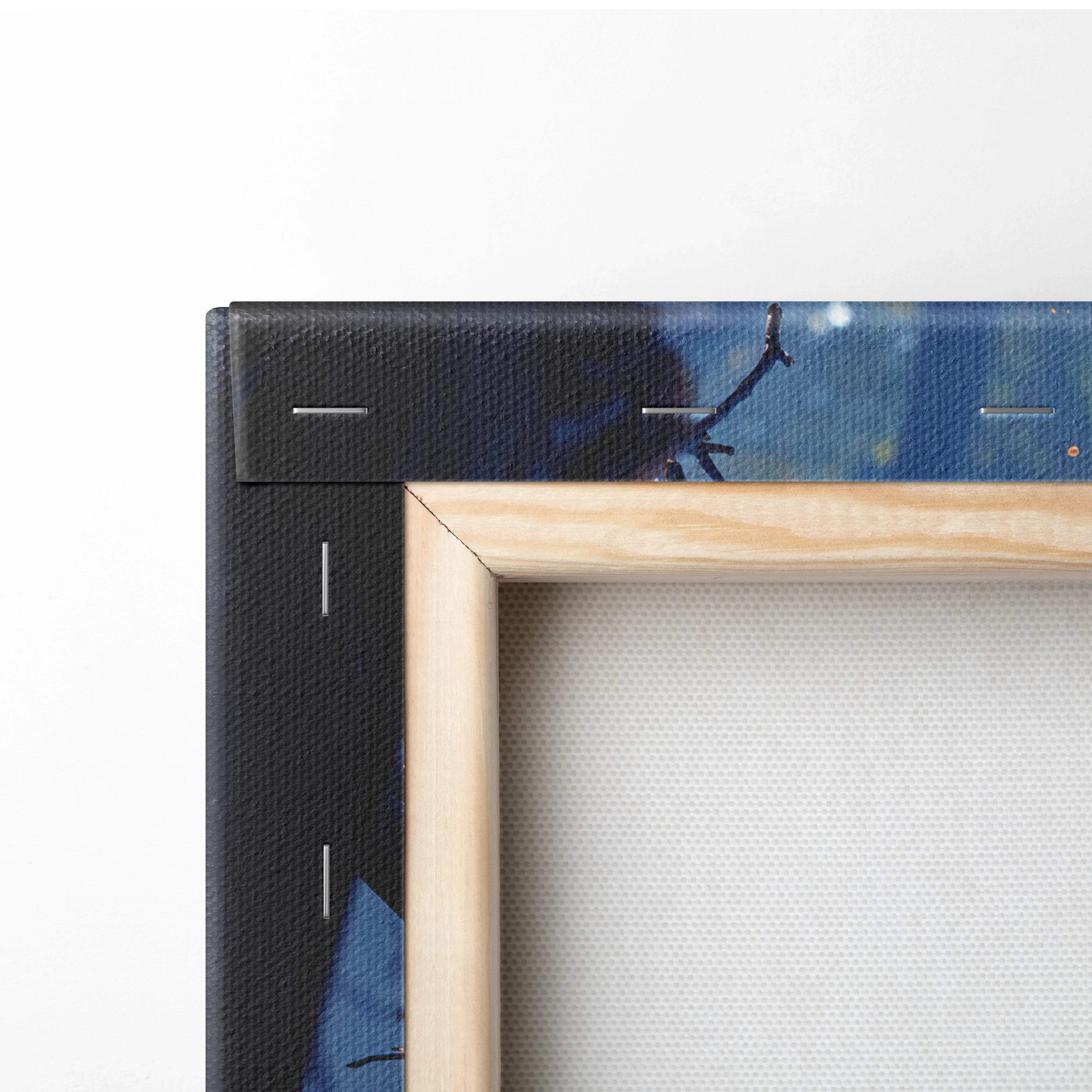 Light wood frame with surreal forest canvas art in dark blue black plumes pink blue mist