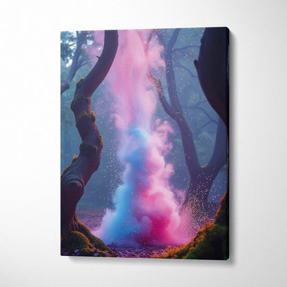 Surreal vertical canvas print of pink blue particle plume in mystical forest
