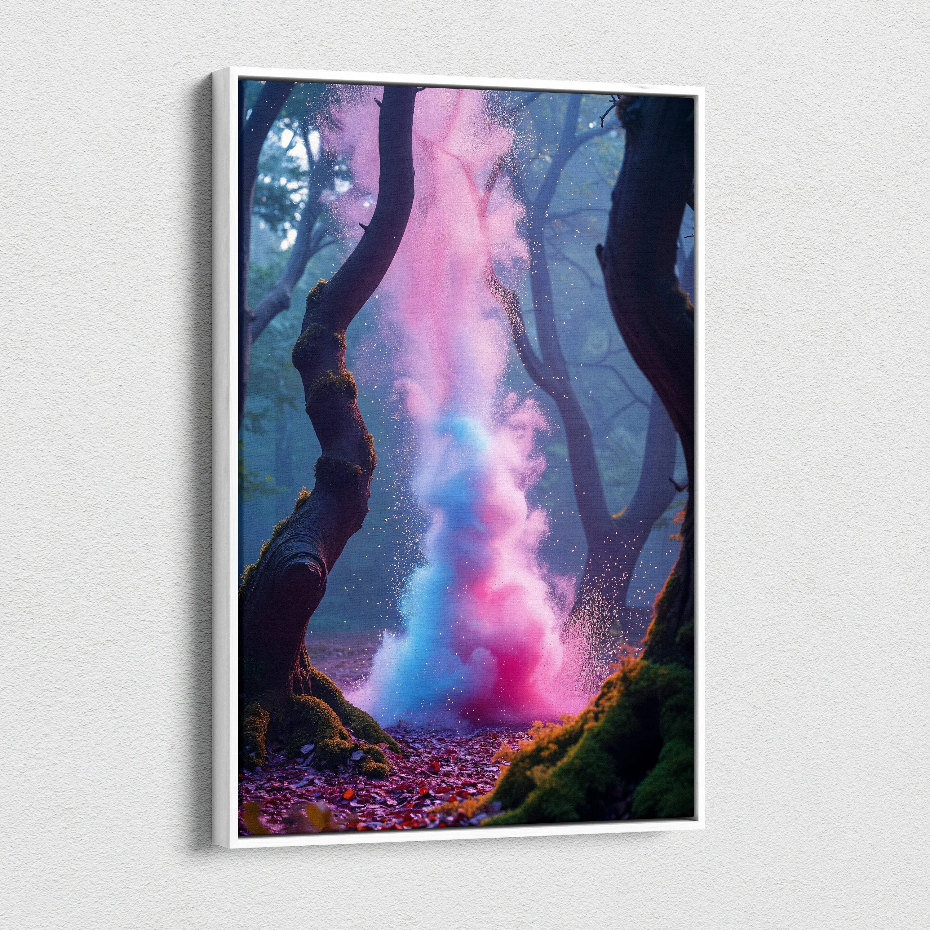 Vertical surreal forest canvas art with pink blue particle plume in white frame
