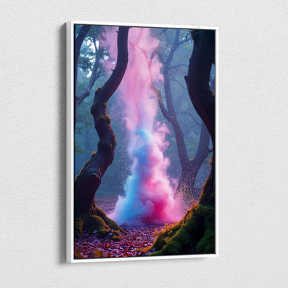 Vertical surreal forest canvas art with pink blue particle plume in white frame