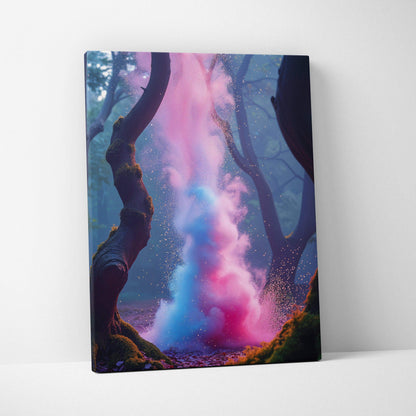 Vertical canvas wall art of surreal forest with pink blue particle plumes on mossy trees