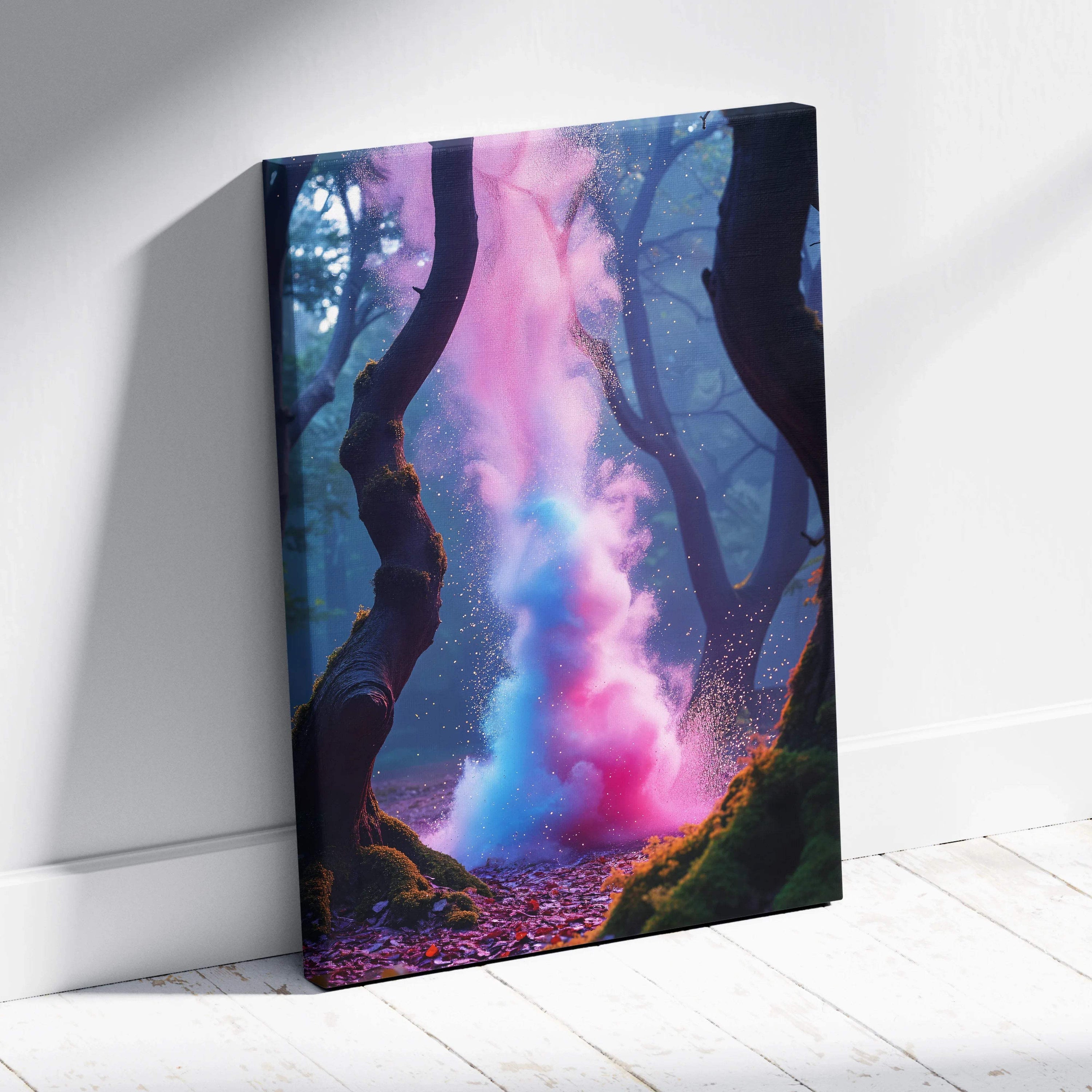Surreal vertical forest canvas art with pink blue particle plume mist