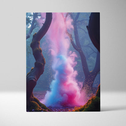 Vertical canvas wall art with surreal forest plume of pink blue particles