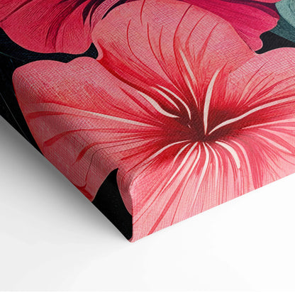 Vibrant pink hibiscus canvas print with black background and textured brushstrokes