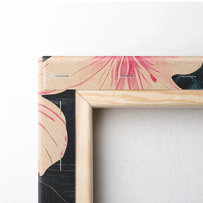 Back of light wood-framed canvas print with pink black tropical hibiscus floral design