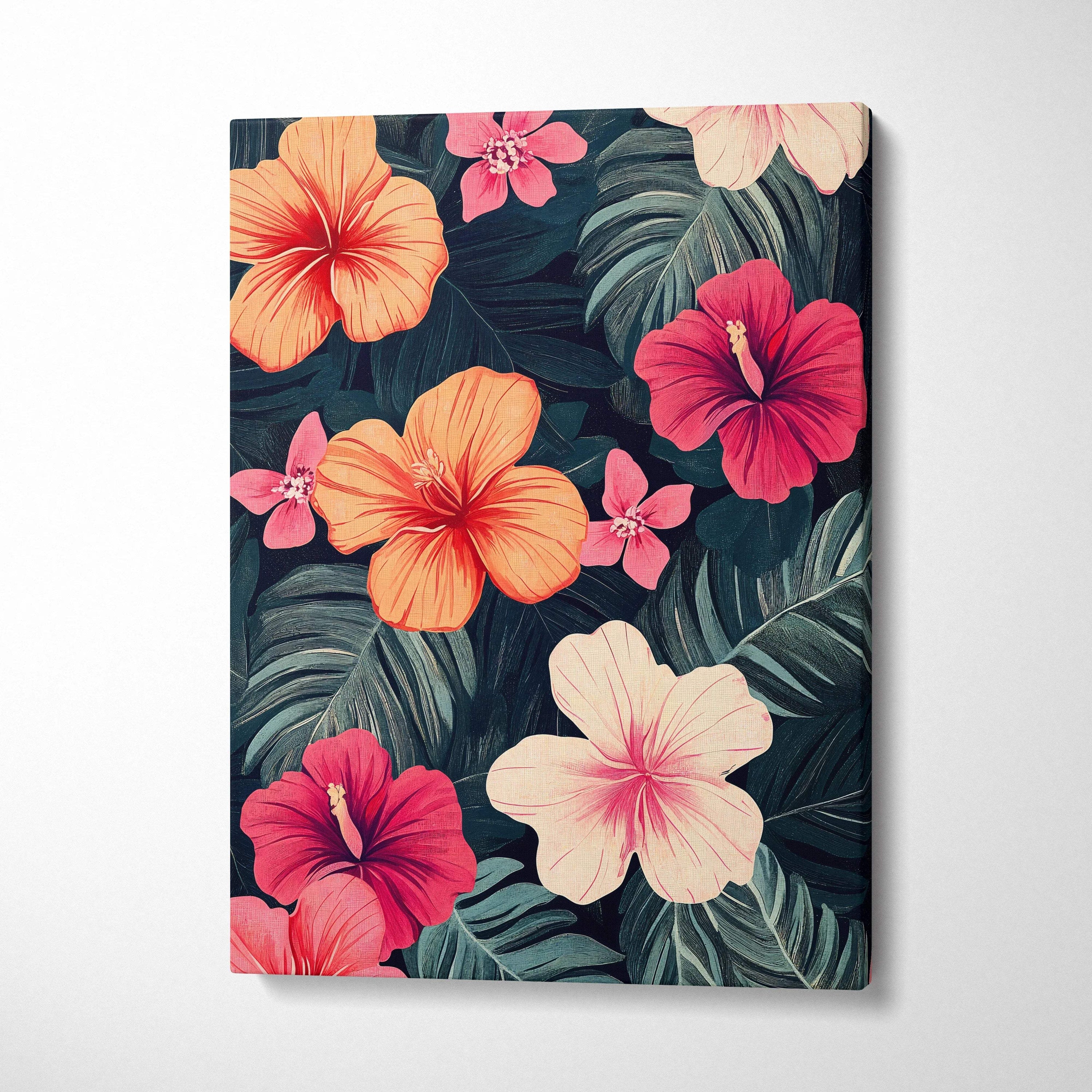 Vibrant tropical hibiscus canvas print with coral pink peach blooms and navy green leaves