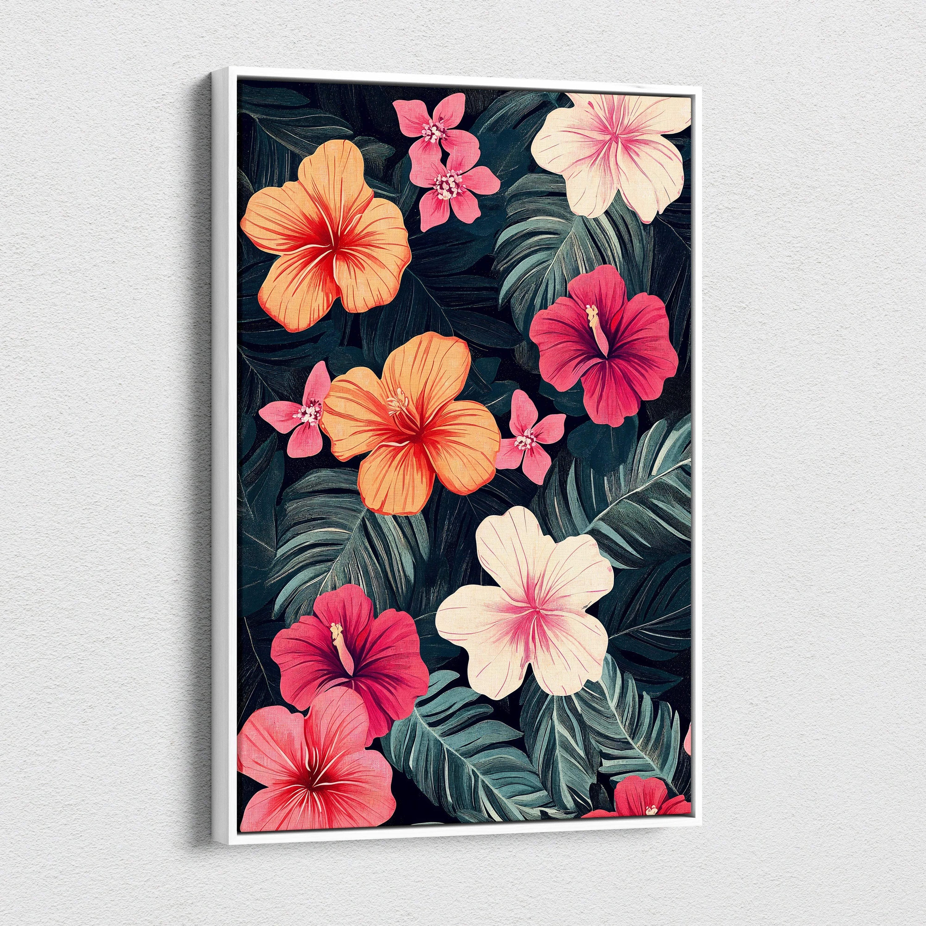 Vibrant tropical hibiscus canvas wall art with coral pink peach blooms and navy green leaves