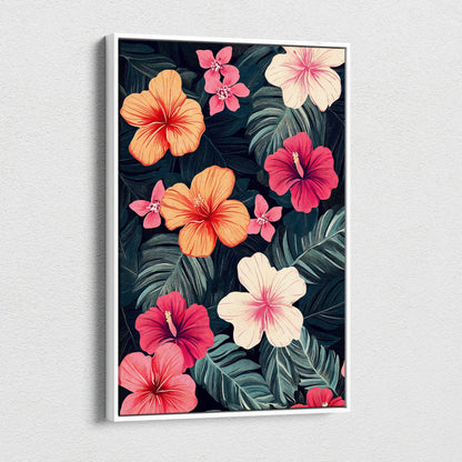 Vibrant tropical hibiscus canvas wall art with coral pink peach blooms and navy green leaves