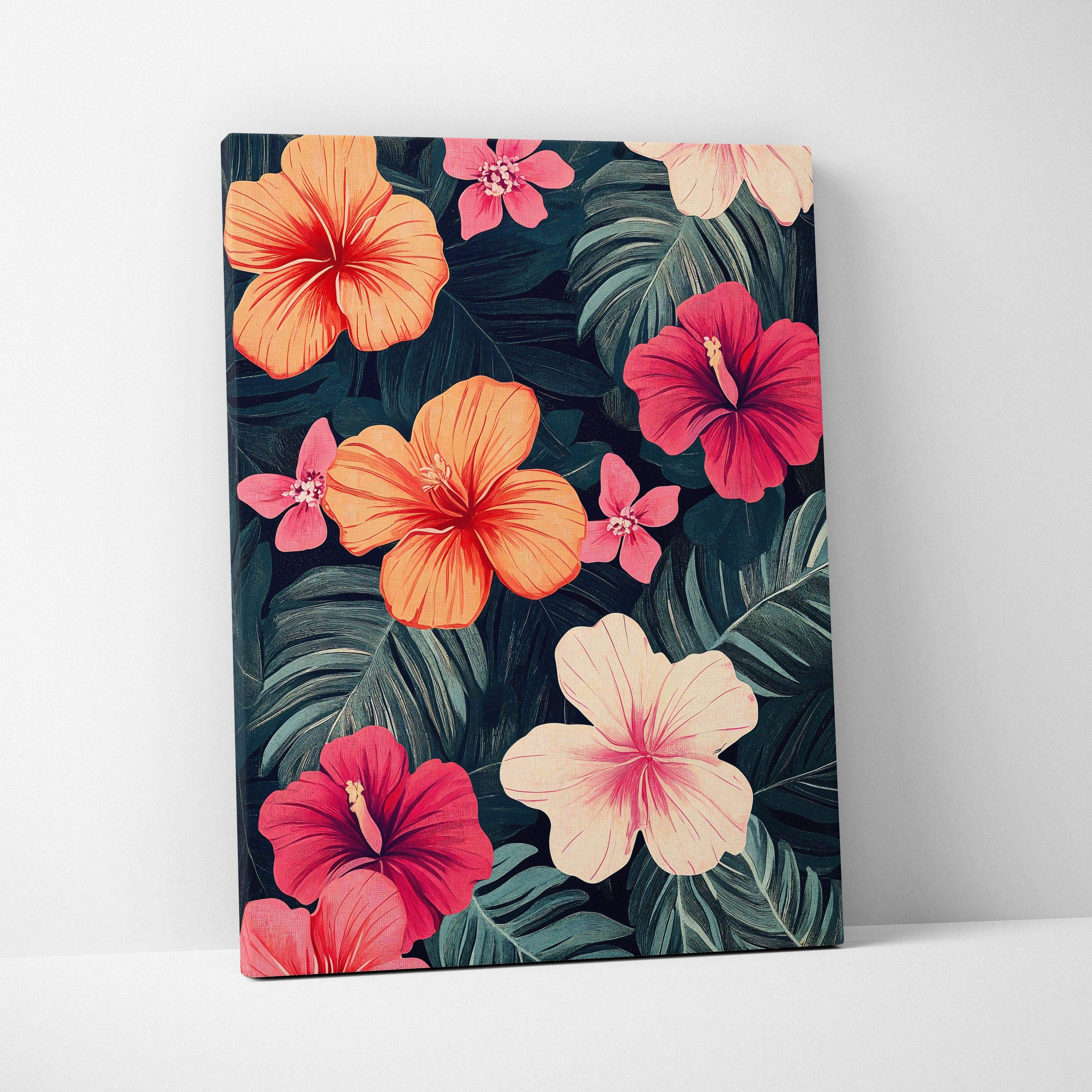 Vibrant tropical hibiscus canvas wall art with coral pink peach blooms and navy green leaves