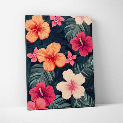 Vibrant tropical hibiscus canvas wall art with coral pink peach blooms and navy green leaves