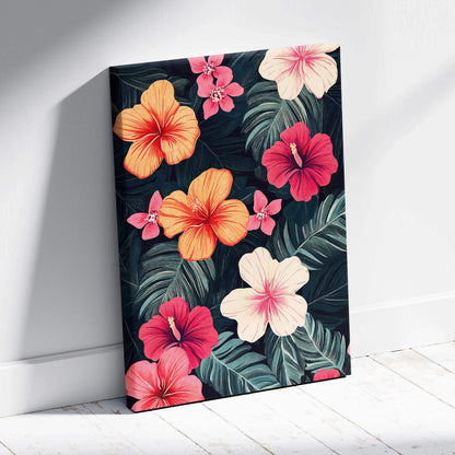 Vibrant tropical hibiscus canvas wall art with coral pink peach blooms and navy green leaves
