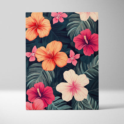 Vibrant tropical hibiscus canvas art with coral pink peach blooms and navy green leaves