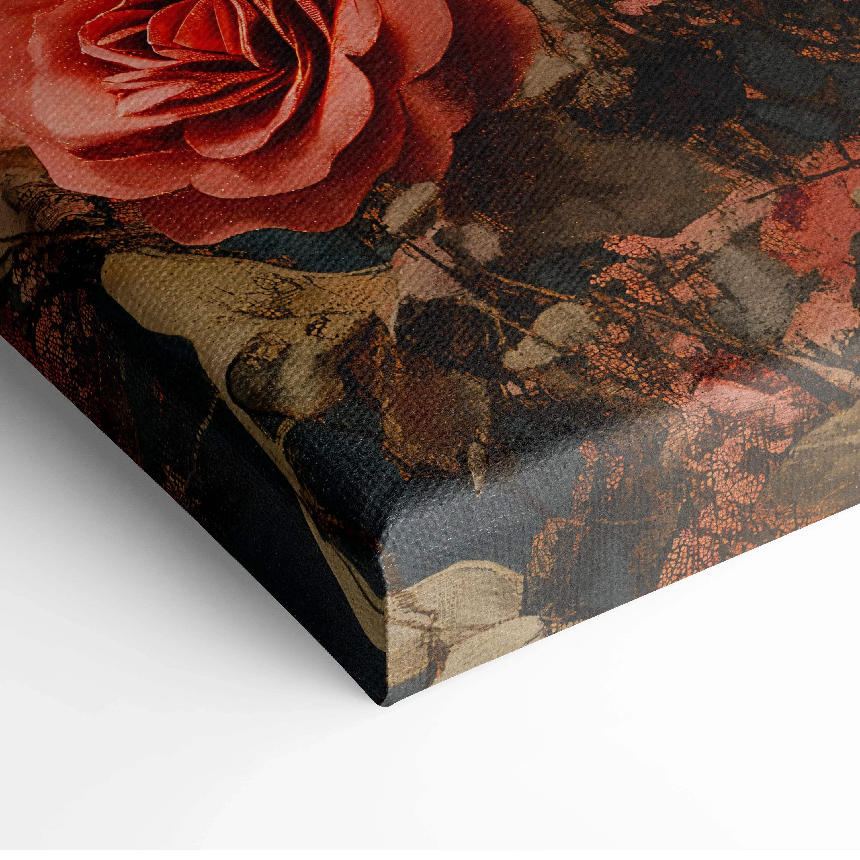 Vibrant red rose canvas wall art with surreal layered roses in dreamy blue tones