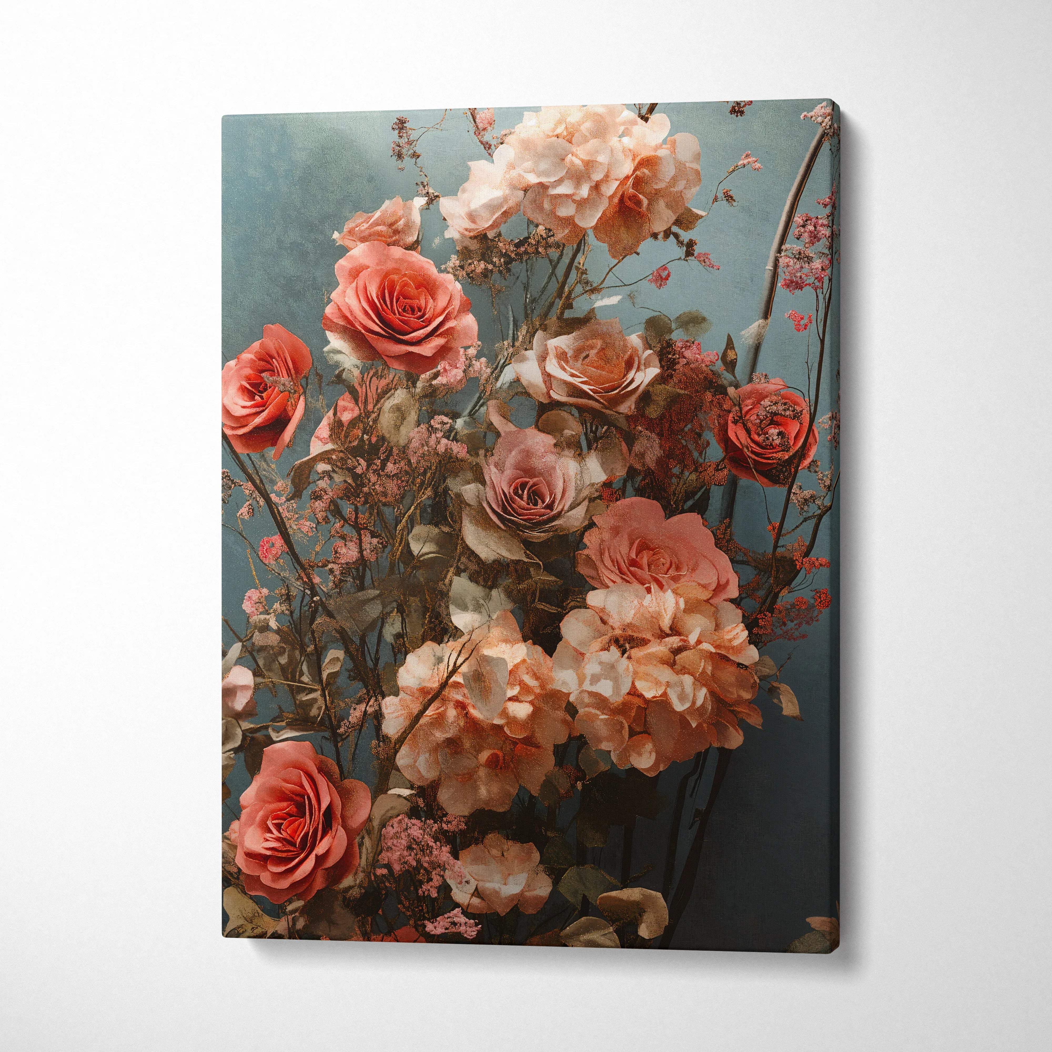 Canvas print of layered pink peach roses on dreamy teal background