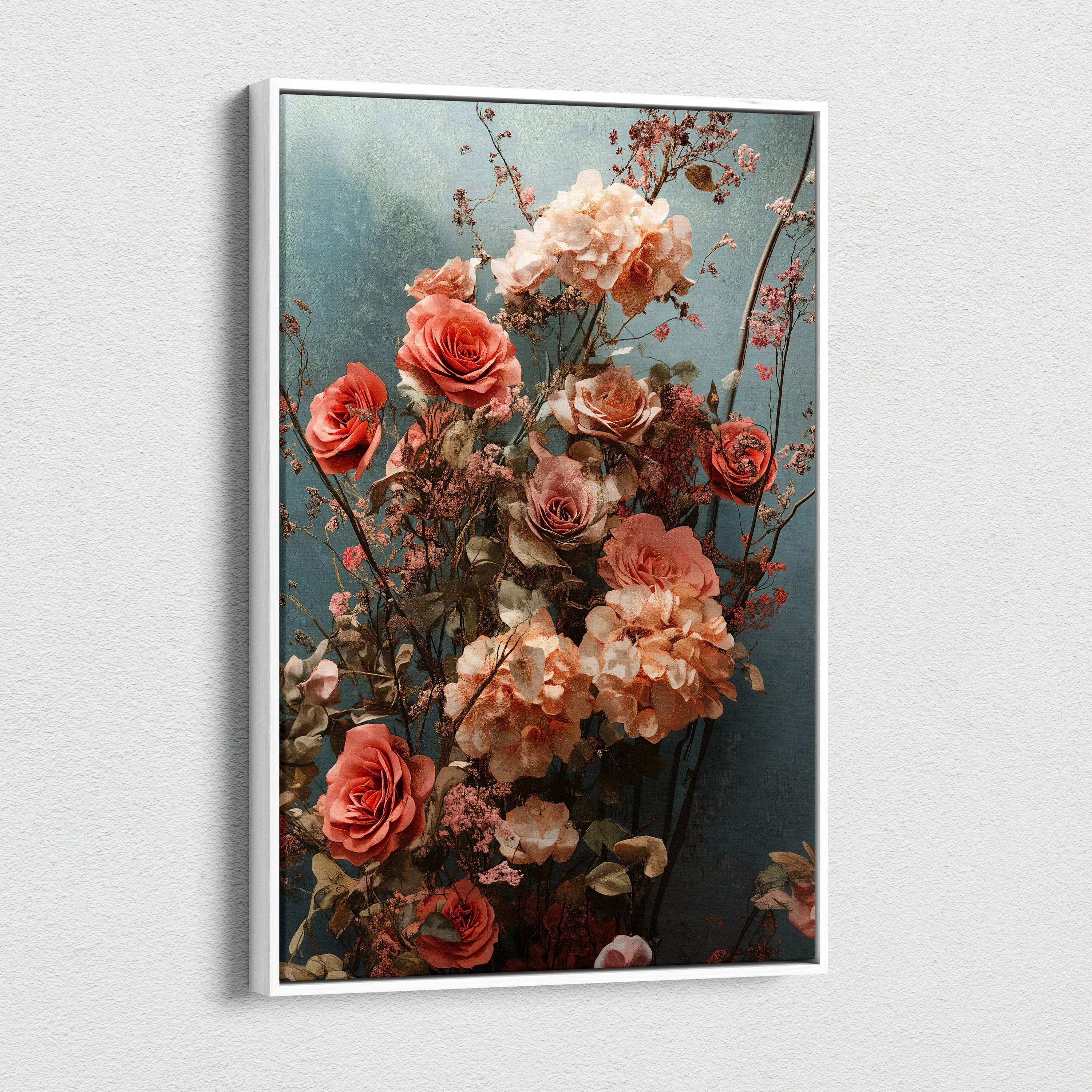 Framed canvas print of layered blush coral roses on dreamy teal backdrop