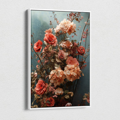 Framed canvas print of layered blush coral roses on dreamy teal backdrop