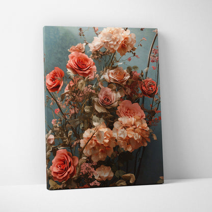 Canvas print of layered peach coral roses on dreamy teal background