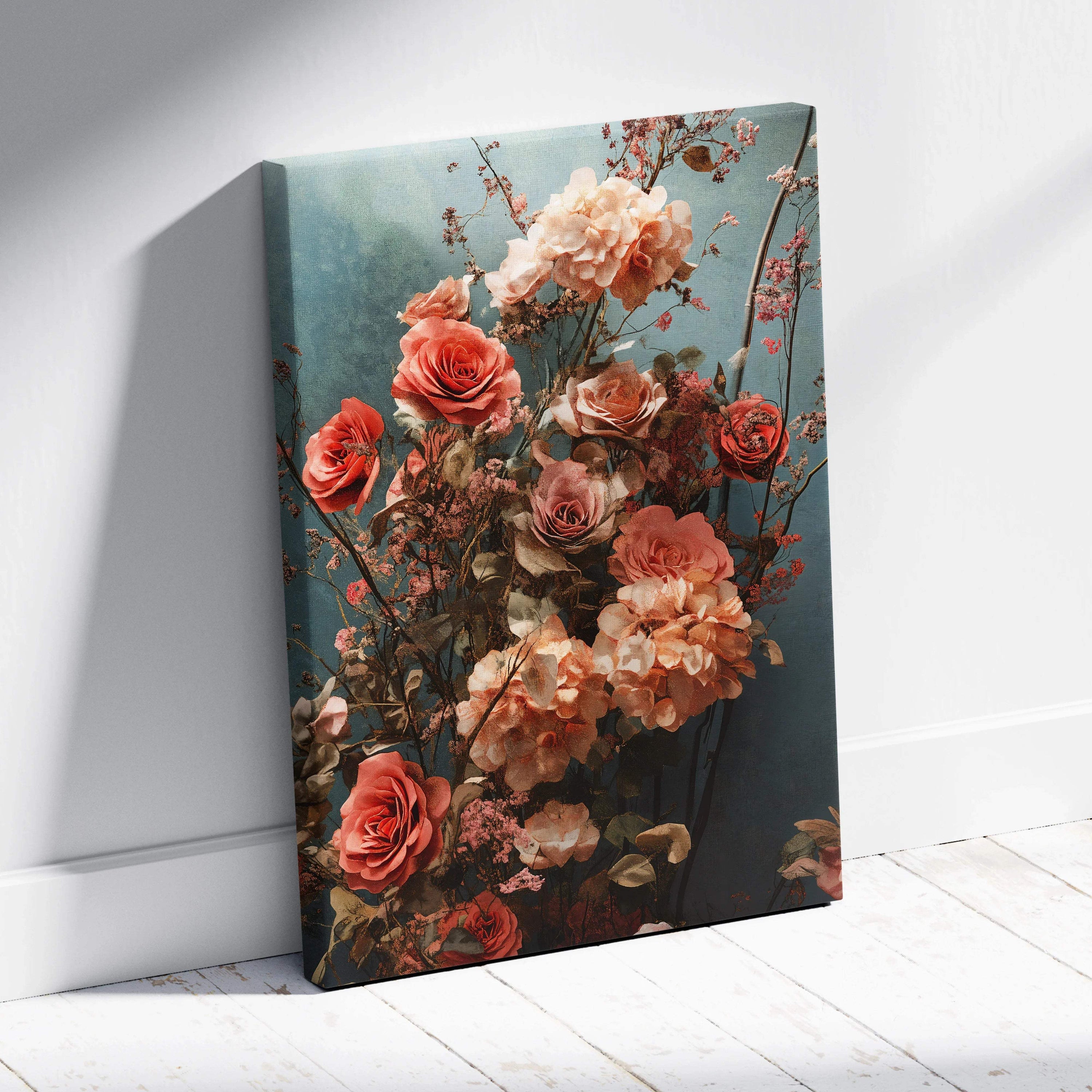 Canvas print of layered peach coral roses on dreamy teal background