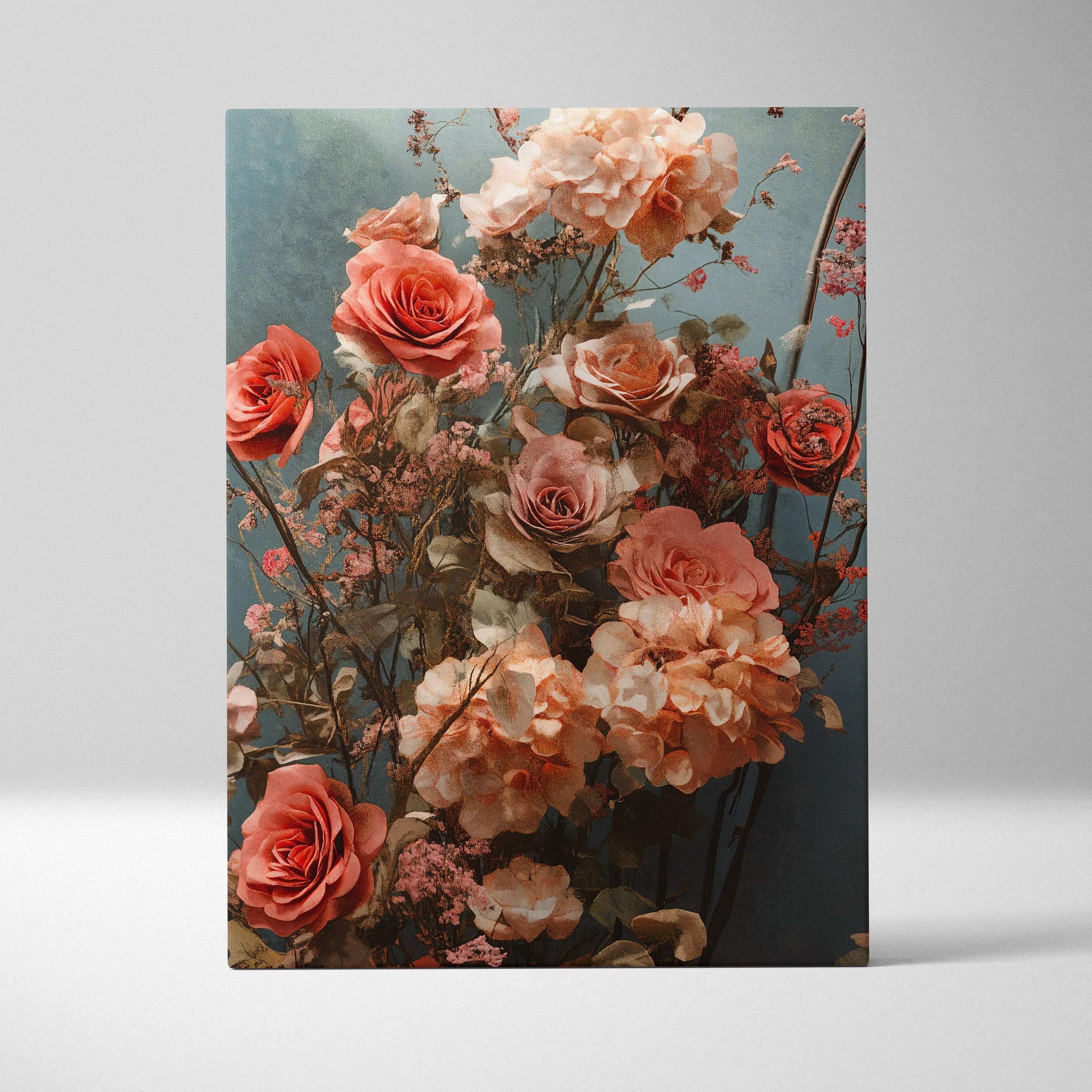 Canvas print of layered peach coral roses on dreamy teal backdrop