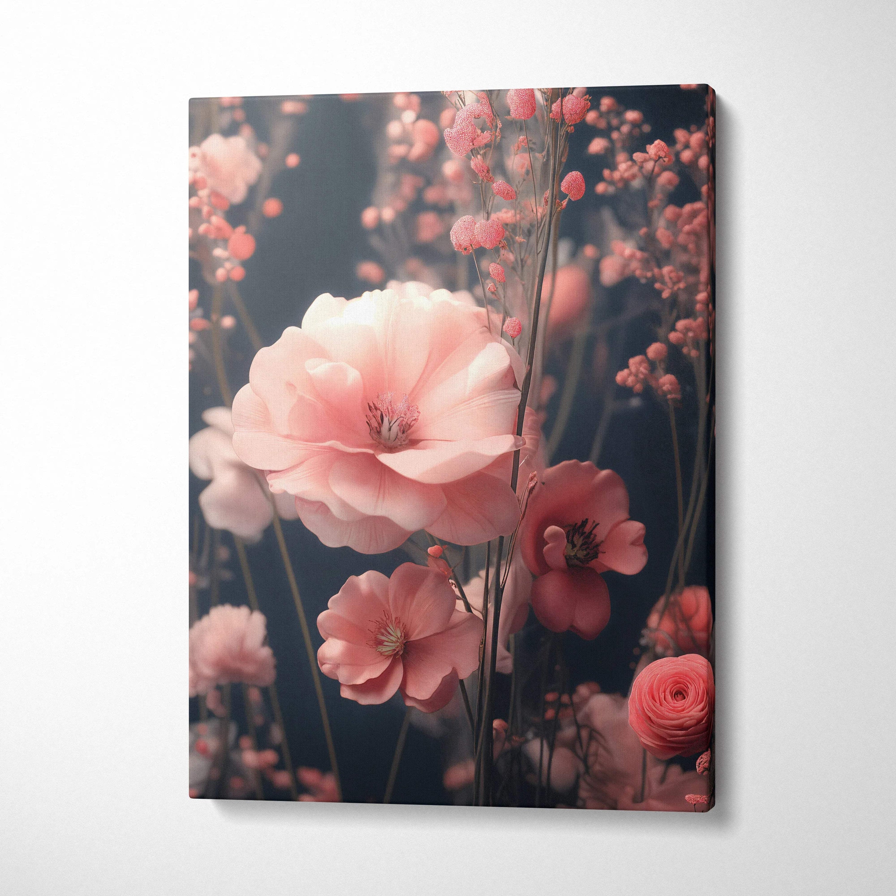 Canvas wall art of surreal pink blossoms on moody dark ground