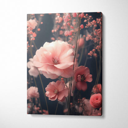 Canvas wall art of surreal pink blossoms on moody dark ground