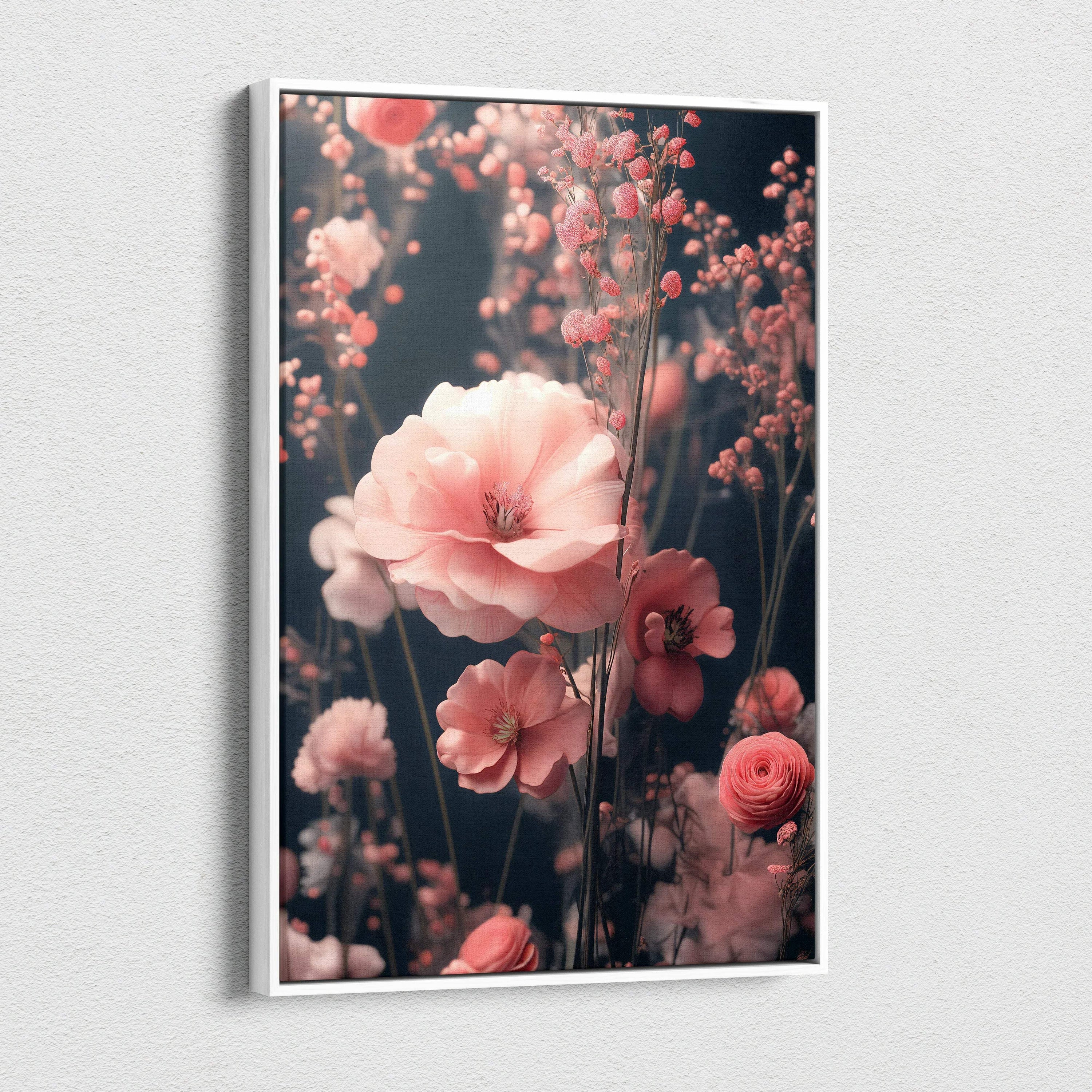Canvas wall art of surreal pink blossoms with delicate branches on moody dark ground