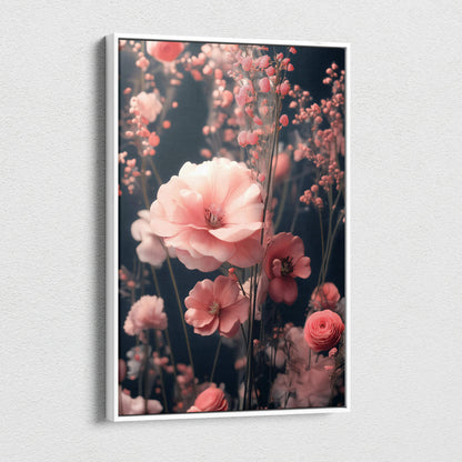 Canvas wall art of surreal pink blossoms with delicate branches on moody dark ground