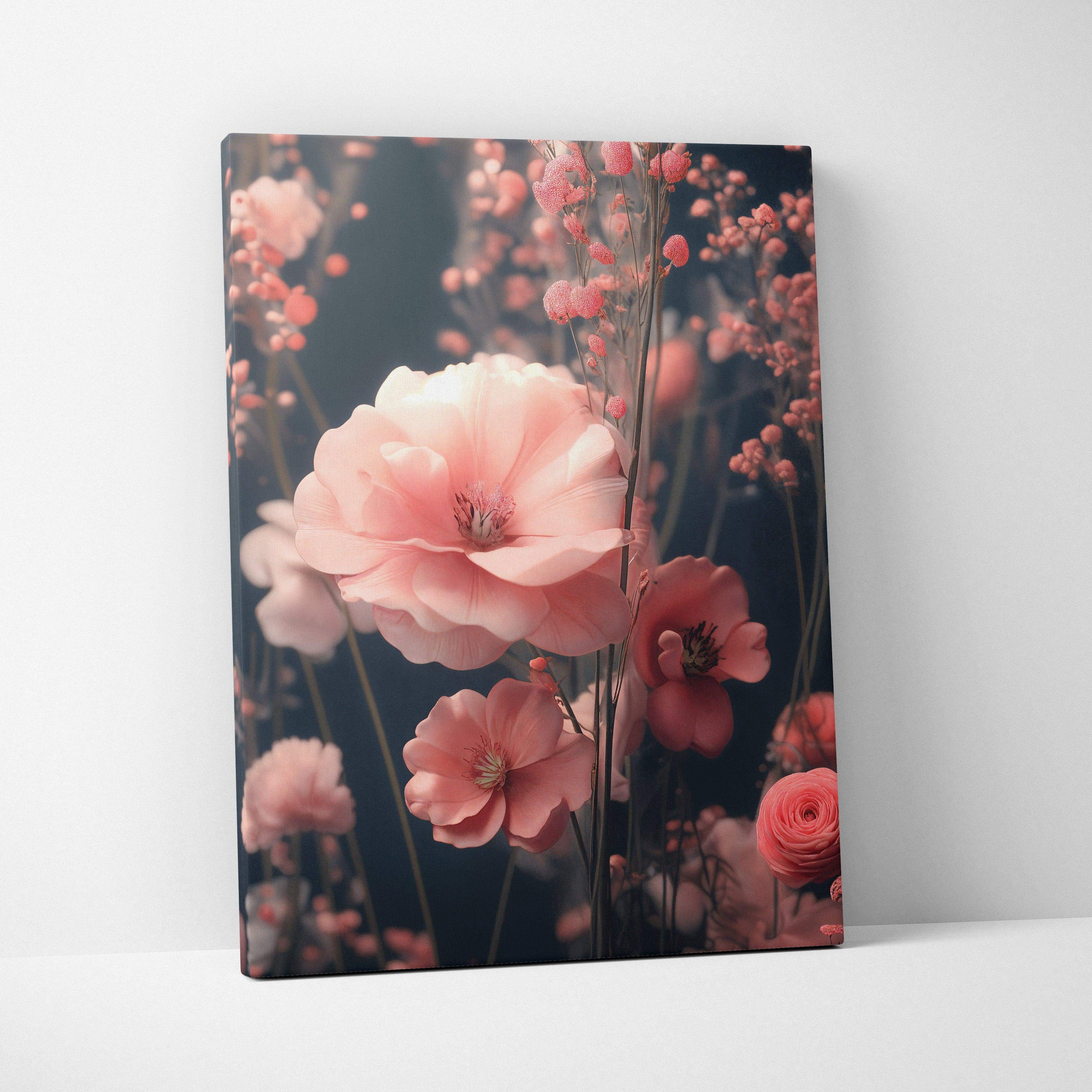 Canvas wall art of surreal pink blossoms with delicate branches on moody dark ground