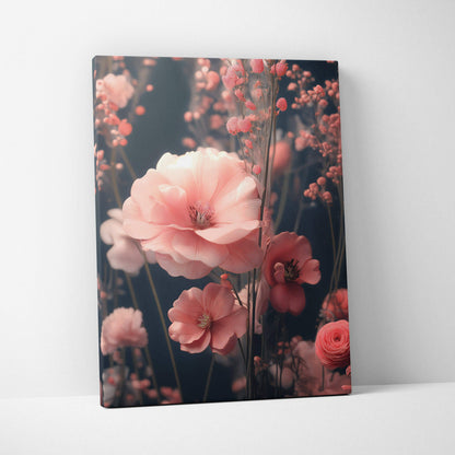 Canvas wall art of surreal pink blossoms with delicate branches on moody dark ground