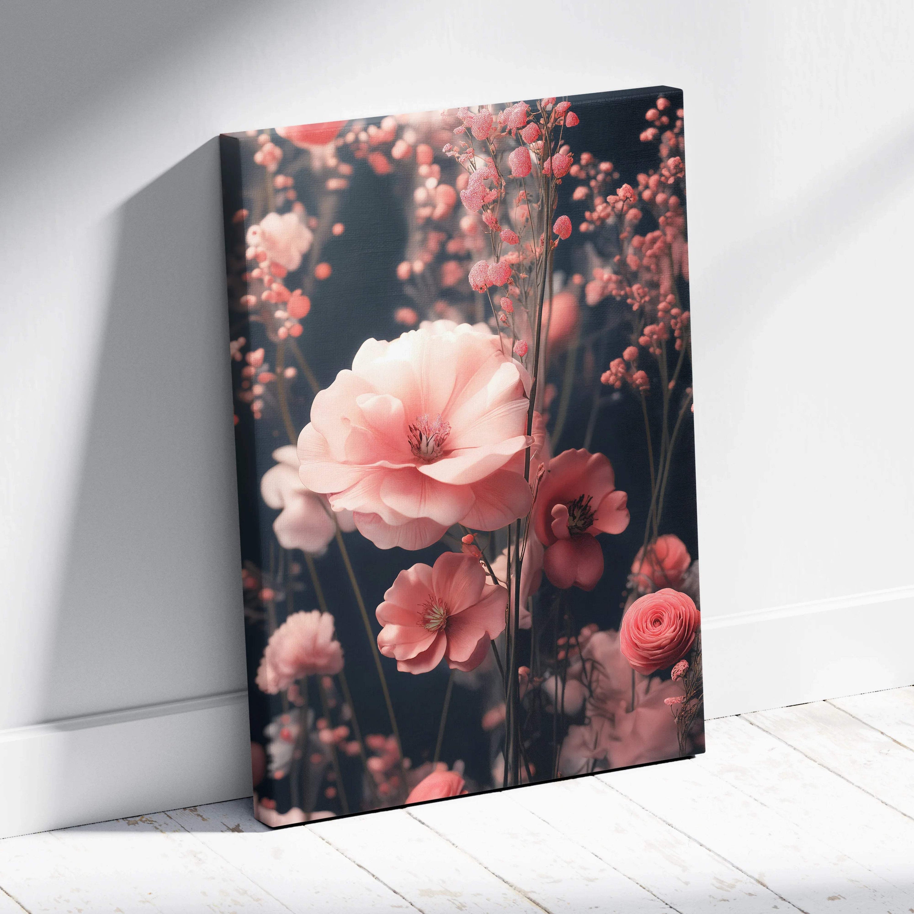 Canvas wall art of surreal pink blossoms and baby’s breath on dark moody ground