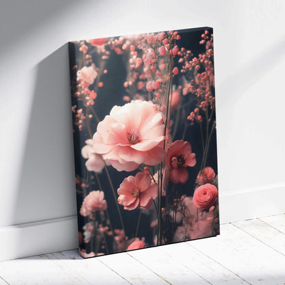 Canvas wall art of surreal pink blossoms and baby’s breath on dark moody ground