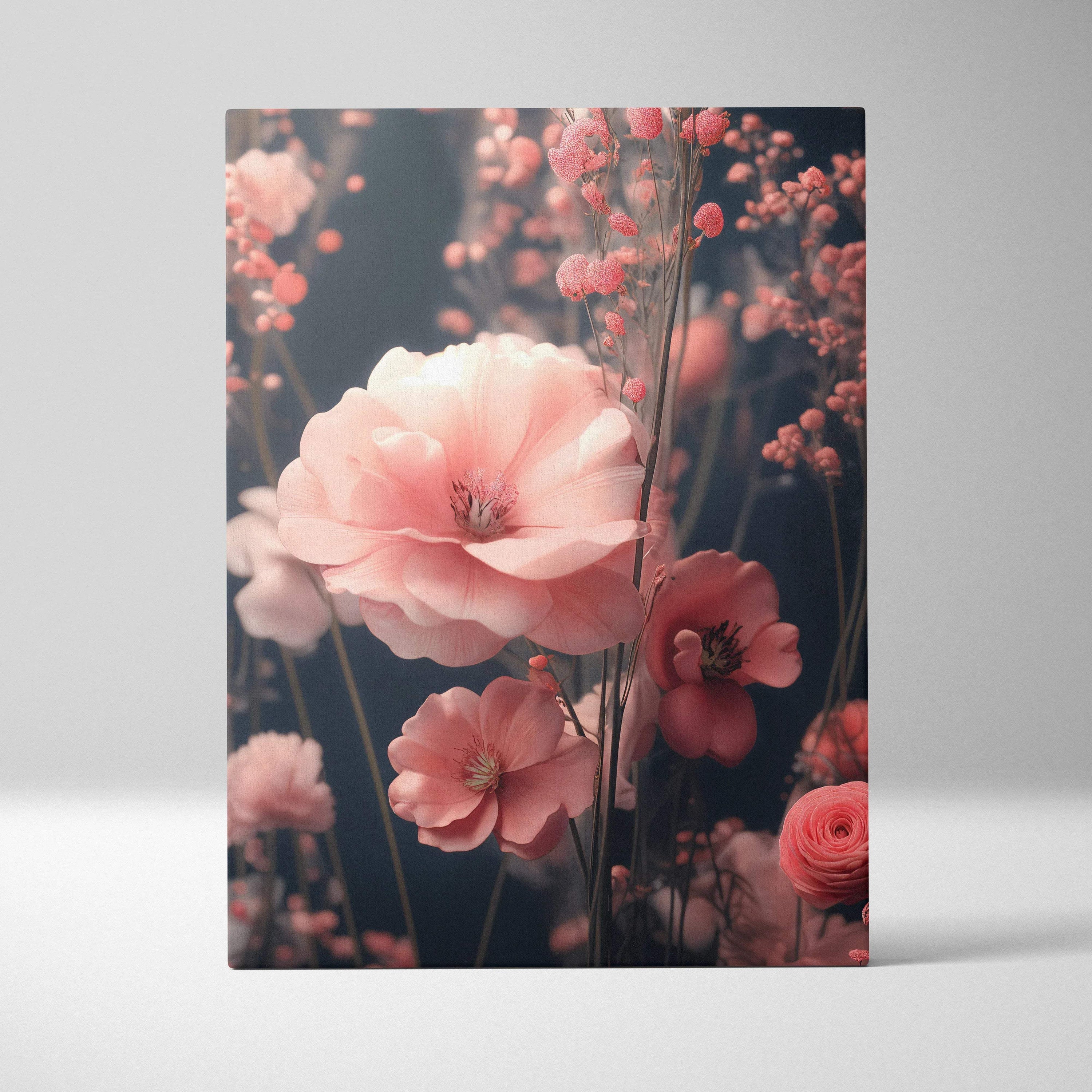 Canvas wall art of surreal pink blossoms with delicate branches on moody dark ground