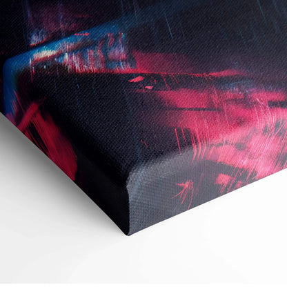 Vibrant surreal night road canvas art with JDM cars in rain, moody indigo blues