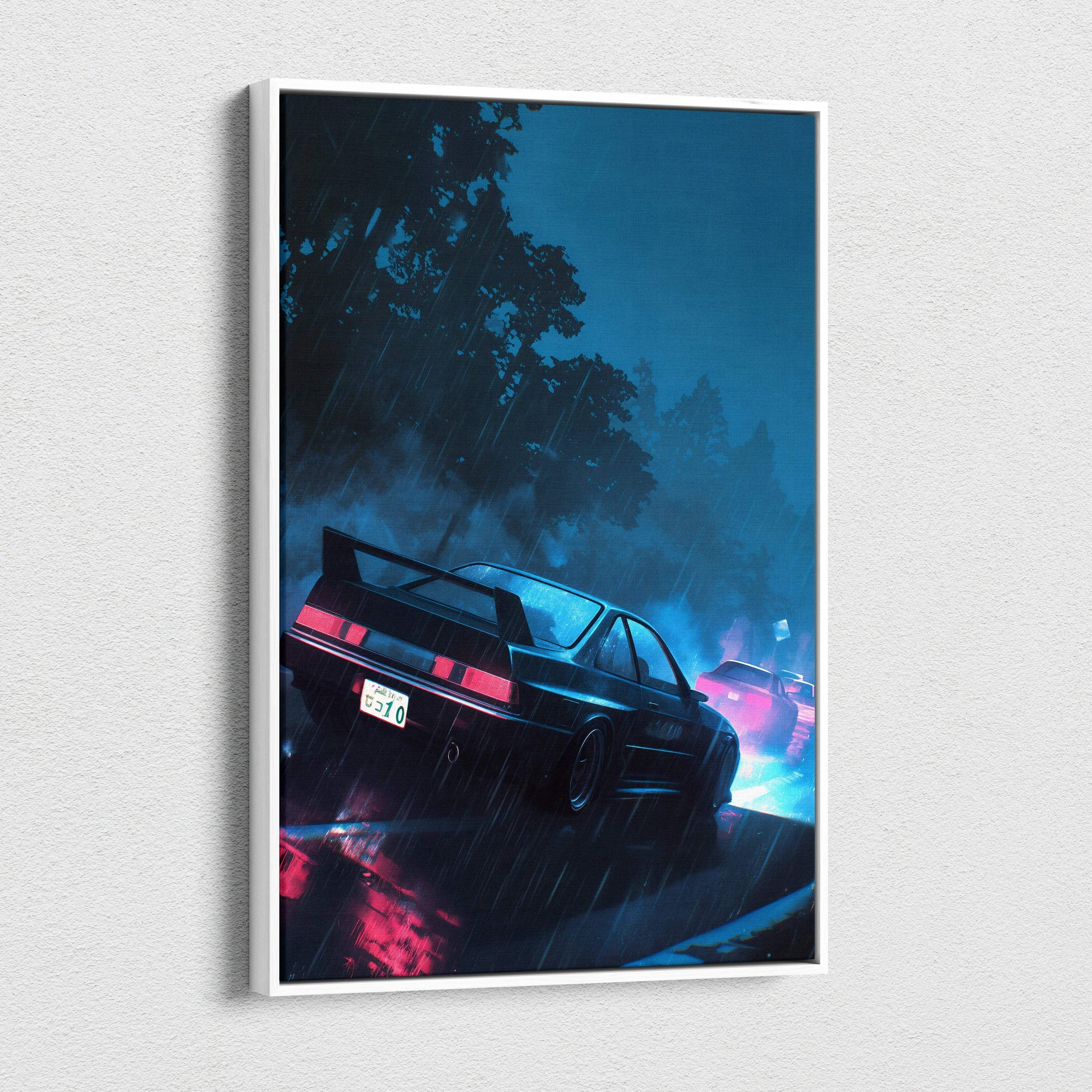 Framed canvas art of sleek black JDM sports car in rainy neon night scene