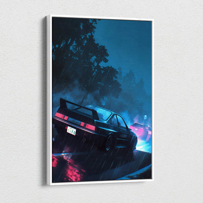 Framed canvas art of sleek black JDM sports car in rainy neon night scene