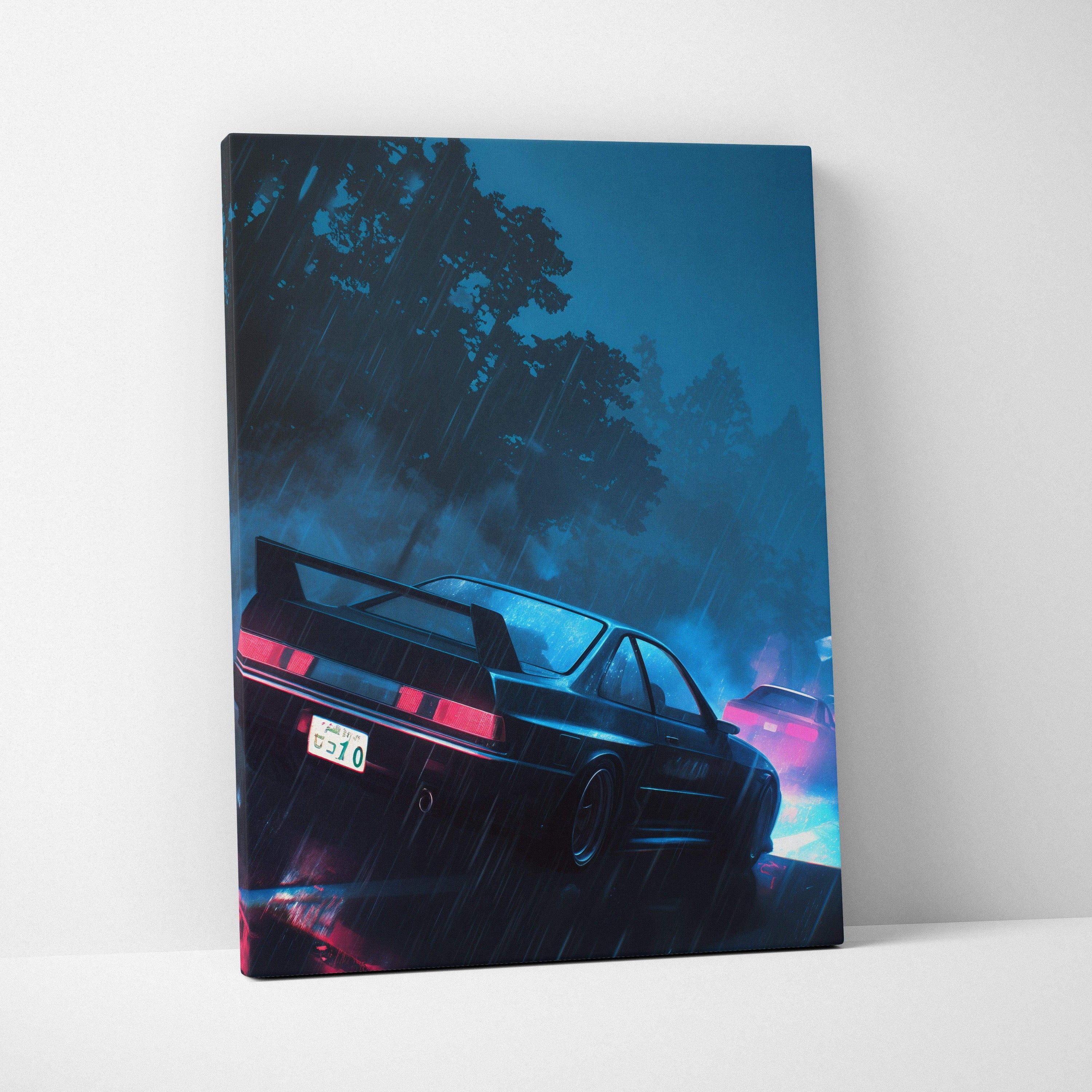 Navy blue canvas print of neon-lit JDM sports car speeding through rainy night streets