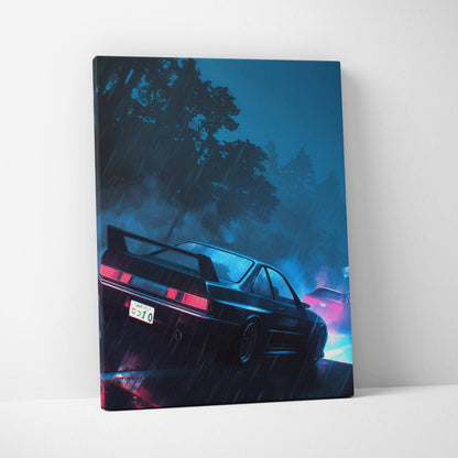 Navy blue canvas print of neon-lit JDM sports car speeding through rainy night streets