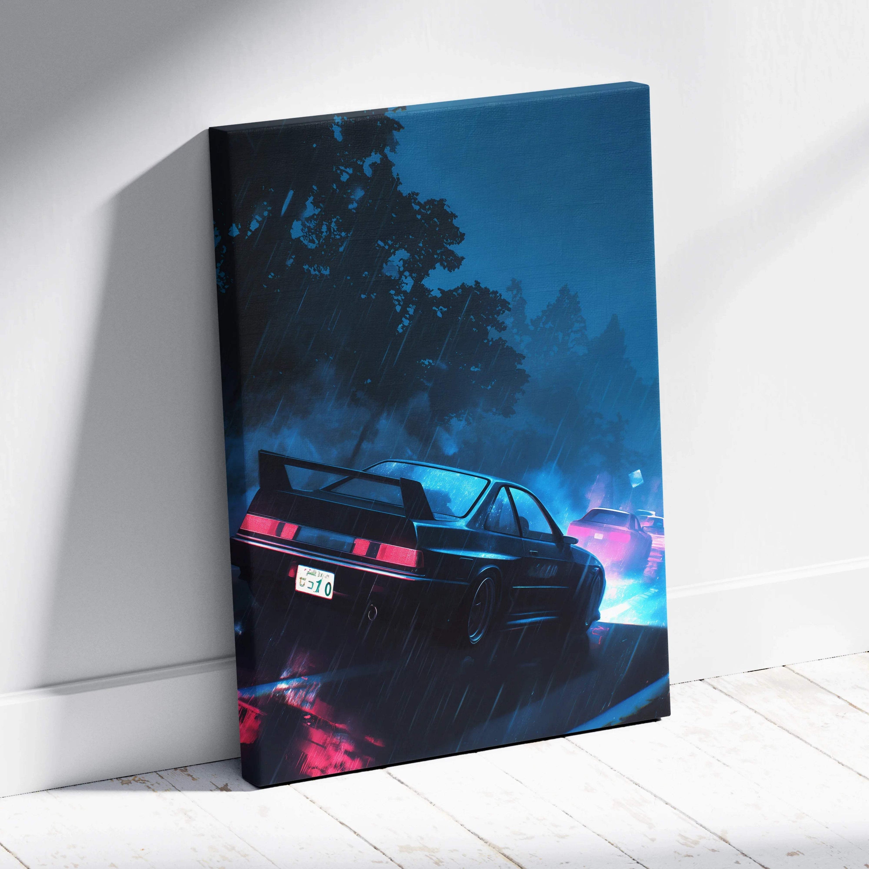 Nissan Skyline R32 GT-R canvas print in rainy neon night scene