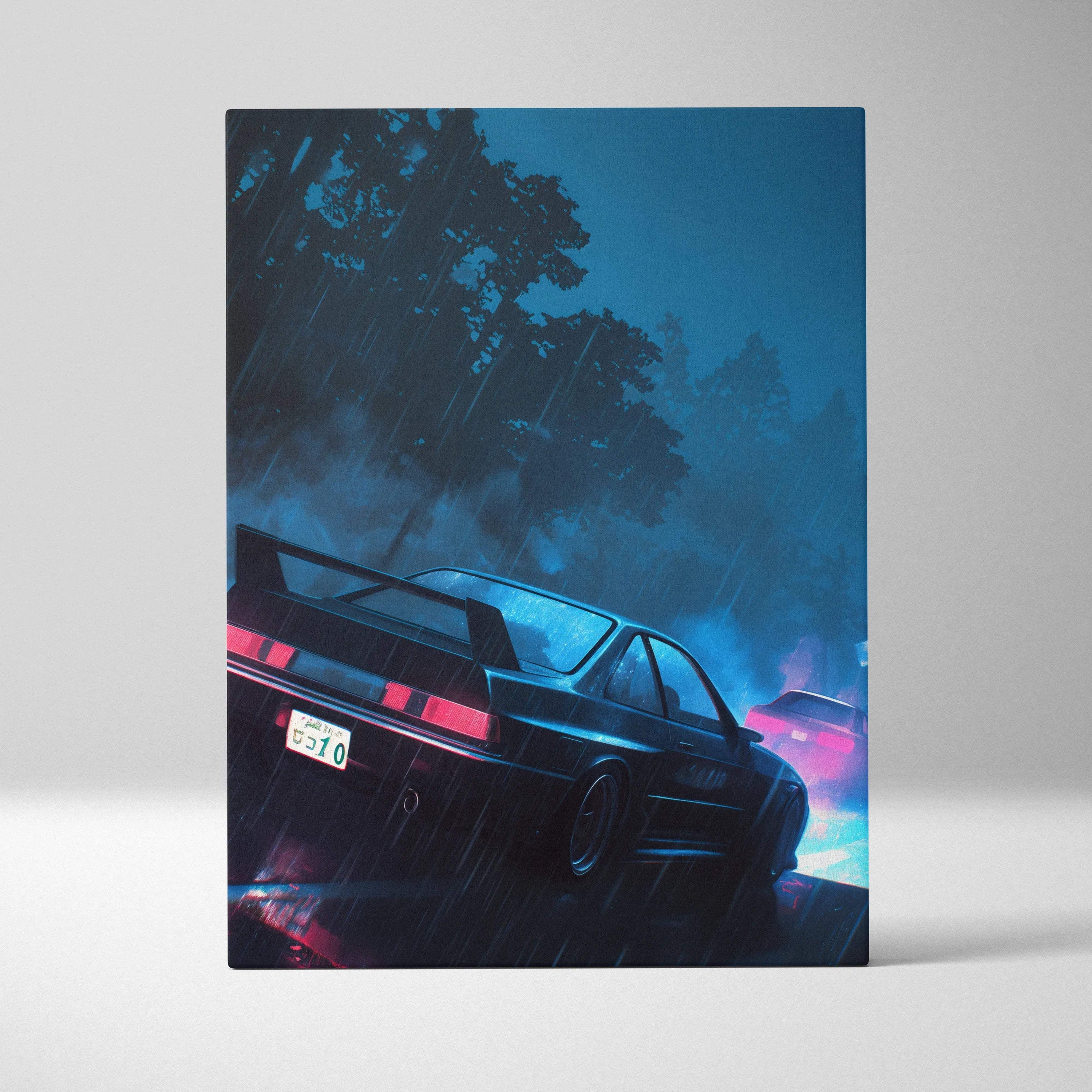 Nissan Skyline R32 GT-R canvas print in moody blue rainstorm with red taillights