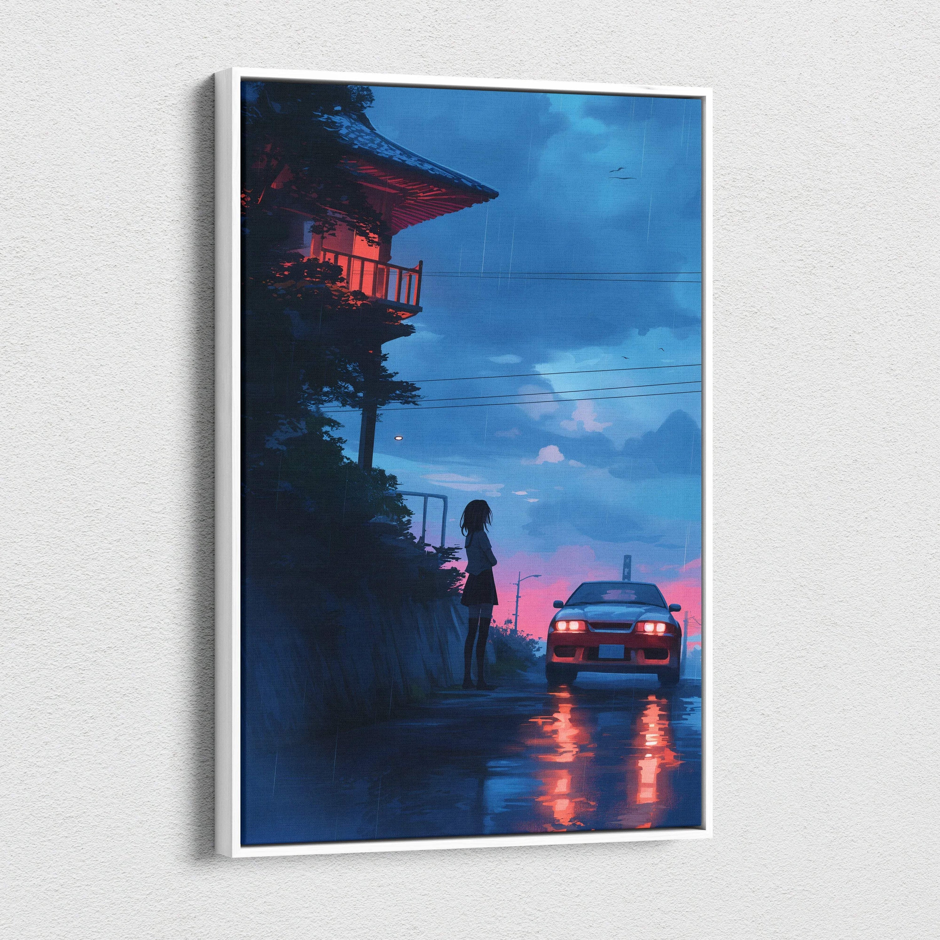 Nostalgic anime girl on rainy street by red car under glowing pagoda canvas