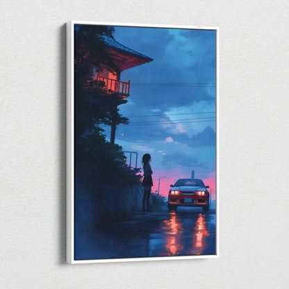 Nostalgic anime girl on rainy street by red car under glowing pagoda canvas