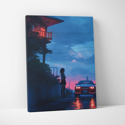 Anime girl by red sports car in moody rainy neon street scene canvas art