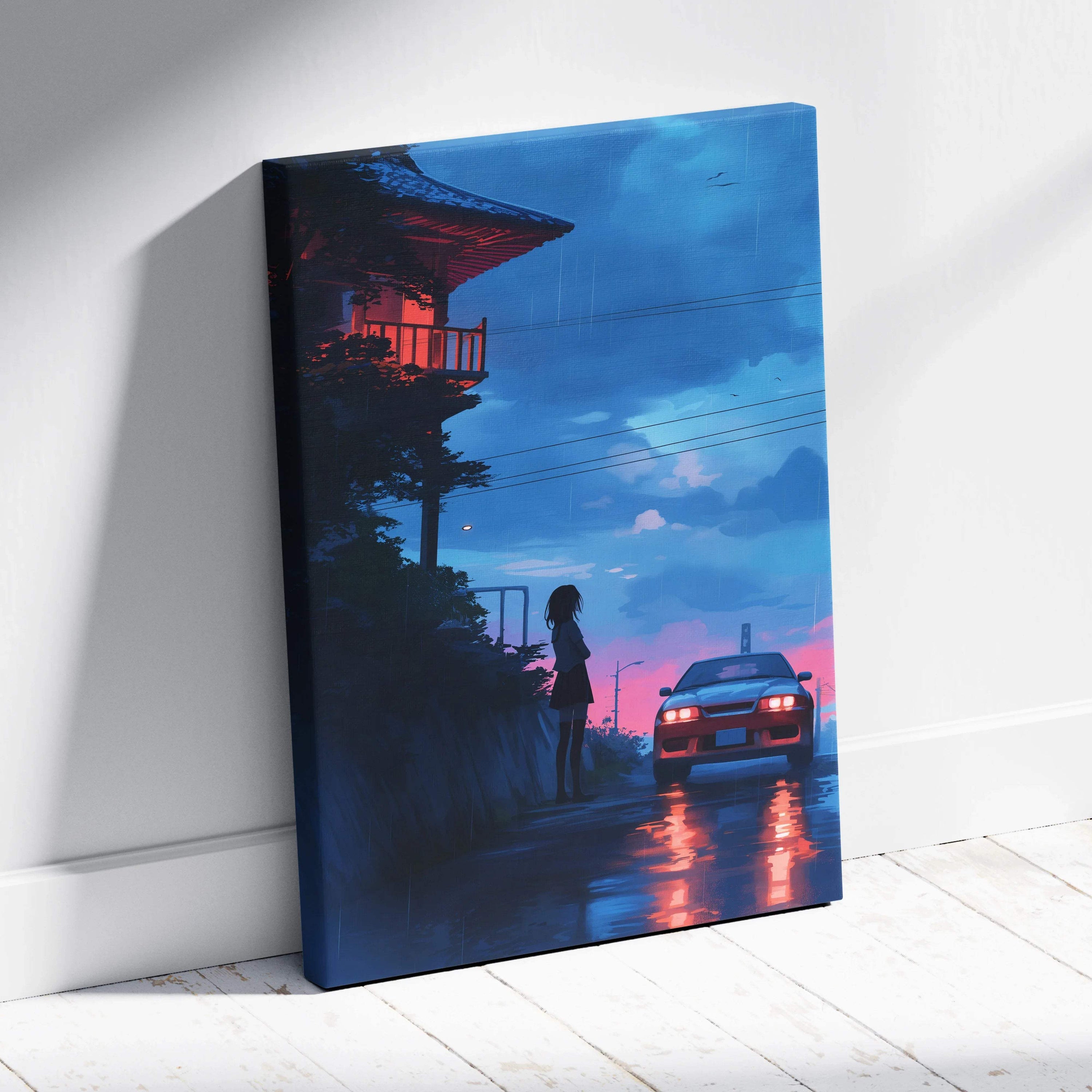Canvas print of rainy night with red pagoda, girl by neon sports car