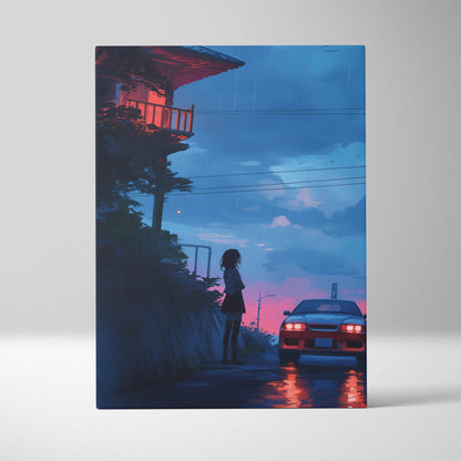 Surreal rainy night canvas art: silhouetted girl by red sports car, neon glow