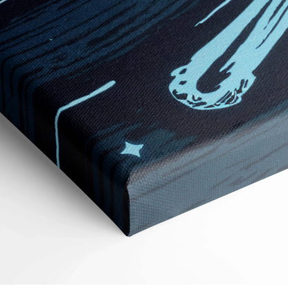 Dark blue canvas print of stylized light blue comet streaking night sky