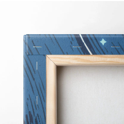 Blue canvas starry night print framed in light wood with orbiting planets and golden sun accents