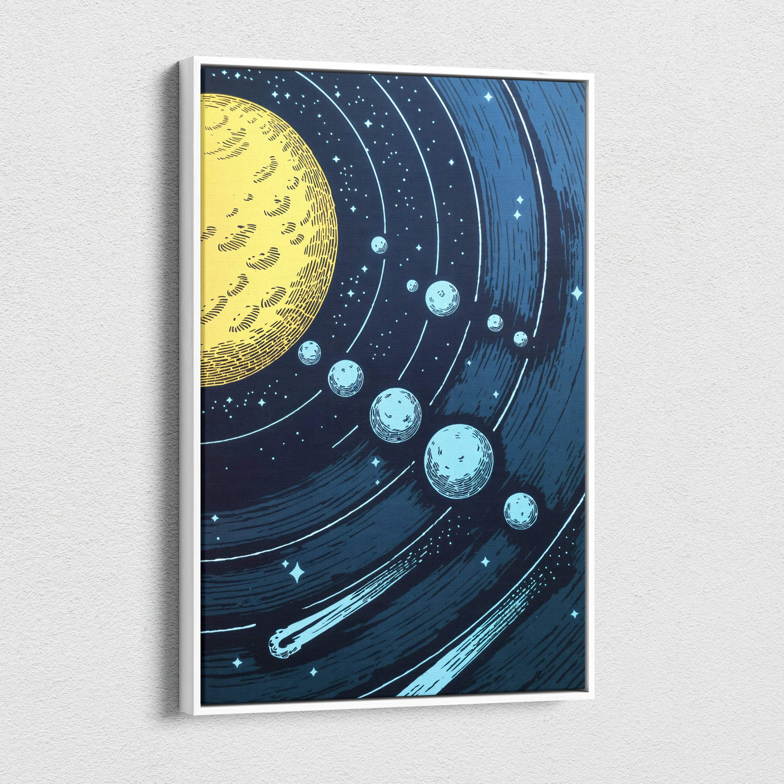 Framed canvas wall art of yellow moon, blue planets orbiting golden sun in navy starry sky